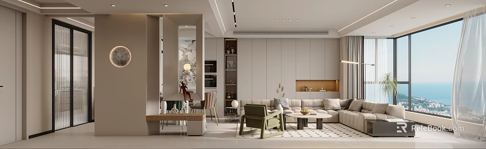 Modern Living And Dining Room Interior With Sofa Coffee Table Dining Set And Wall Mirror 3d model