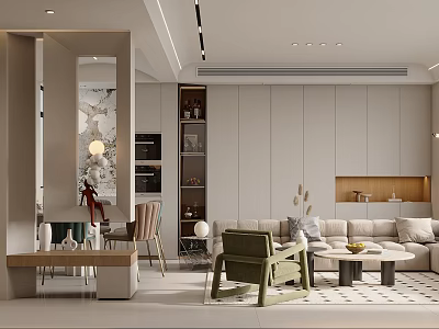 Modern Living And Dining Room Interior With Sofa Coffee Table Dining Set And Wall Mirror 3d model