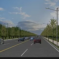 Wide Municipal Road Lined With Trees And Street Lamps With Cars Driving On Clear Day