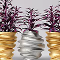 Bonsai Potted Plants with Purple Leaves in Gold and Silver Spiral Texture Pots