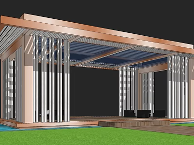 Modern Pergola Design With Striped Columns Wooden Platform And Lawn Area 3d model