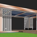Modern Pergola Design With Striped Columns Wooden Platform And Lawn Area