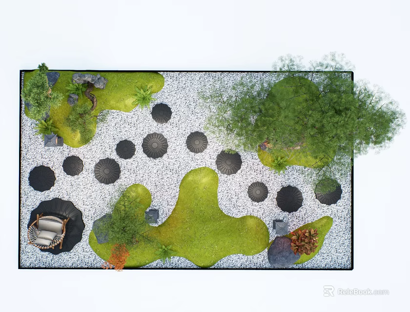 Natural Garden Stepping Stones Path With Green Grass Gravel Trees And Chair 3d model 
