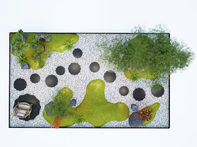 Natural Garden Stepping Stones Path With Green Grass Gravel Trees And Chair 3d model
