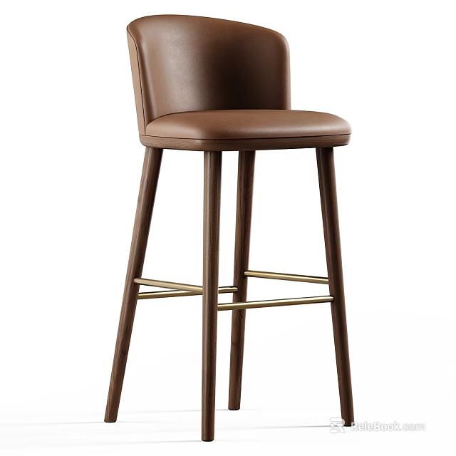 Brown Leather Upholstered Bar Stool With Wooden Legs And Metal Footrest Design 3d model 