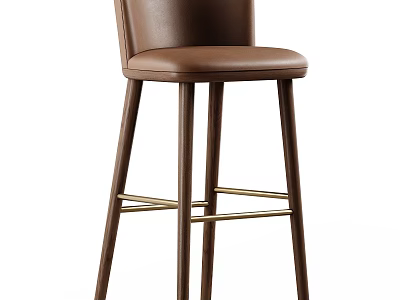Brown Leather Upholstered Bar Stool With Wooden Legs And Metal Footrest Design 3d model
