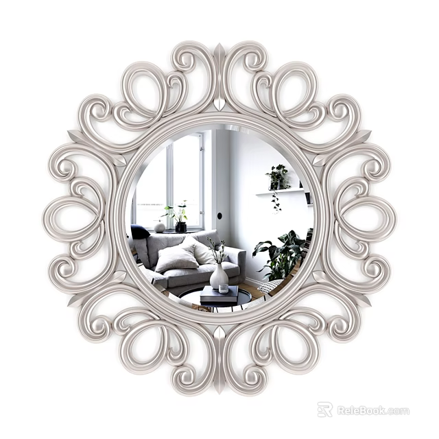 Ornate Decorative Mirror with Intricate Scroll Frame Reflecting Living Room Sofa Plants and Window 3d model 