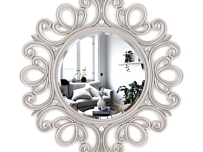 Ornate Decorative Mirror with Intricate Scroll Frame Reflecting Living Room Sofa Plants and Window 3d model
