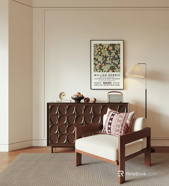 Single Seater Sofa With Wooden Frame Beige Cushion Floral Poster Floor Lamp And Decorative Cabinet 3d model 