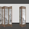Chinese Style Wooden Folding Screen With Landscape Painting Design In Modern Interior With Potted Plant