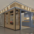 Specialty Store Interior Design With Displayed Products Wooden Blue Decor And Showcase Area