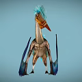 Feathered Flying Pterosaur With Blue Feathers Orange Beak And Blue Wings In Flight