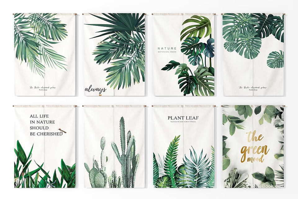 Curtains With Tropical Plant Leaf Patterns And Text Designs For Home Decor 3d model 