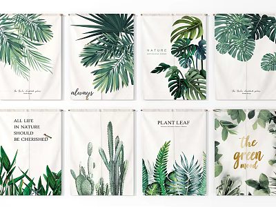 Curtains With Tropical Plant Leaf Patterns And Text Designs For Home Decor 3d model