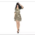 Woman in Printed Dress with Back Front Side Views and High Heels on Dark Background