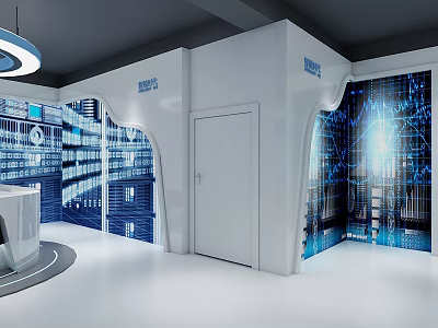 Modern Data Center Interior Featuring White Walls Blue Tech Graphics And Equipment Racks 3d model