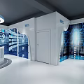 Modern Data Center Interior Featuring White Walls Blue Tech Graphics And Equipment Racks 3d model