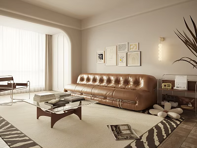 Modern Living Room Interior Design With Brown Leather Sofa Glass Coffee Table And Framed 3d model