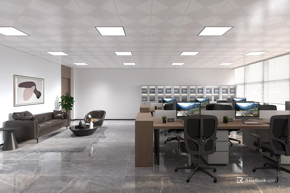 Modern Public Office Interior With Desks Computers Office Chairs Sofa Potted Plant And Ceiling Lights 3d model 