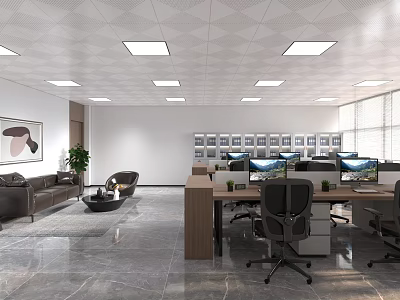 Modern Public Office Interior With Desks Computers Office Chairs Sofa Potted Plant And Ceiling Lights 3d model