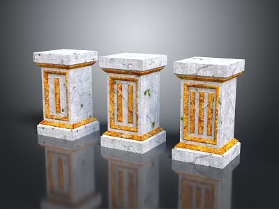 Three Ornamental Stone Columns With White Pedestals And Yellow Decorative Patterns 3d model