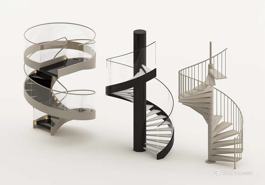 Modern Spiral Staircases Design With Glass Railings Black Column And Metal Structure 3d model 