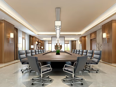 Spacious Conference Room Interior With Long Wooden Table Leather Chairs And Chandelier 3d model
