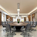 Spacious Conference Room Interior With Long Wooden Table Leather Chairs And Chandelier