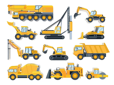 Yellow Construction Vehicles Set With Various Machinery 3d model
