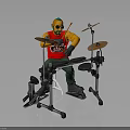 Cartoon Drummer Playing Complete Drum Set With Cymbals Sticks And Stool