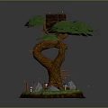 Whimsical Treehouse On Large Tree With Wooden Stairs Pond Mushrooms And Little Figures