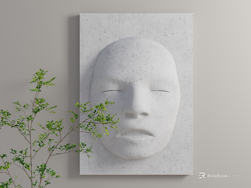 Minimalist Concrete Face Wall Hanging Mounted on Light Gray Wall with Green Plant Home Decor 3d model 