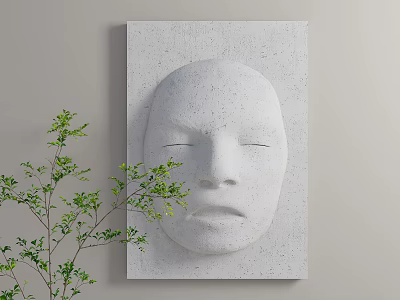 Minimalist Concrete Face Wall Hanging Mounted on Light Gray Wall with Green Plant Home Decor 3d model