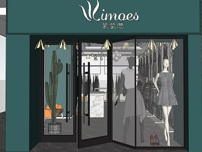 Mimoes Clothing Store Green Facade Glass Doors Window Display With Dresses And Cactus 3d model