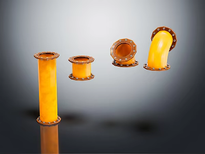 Yellow Industrial Pipe Fittings Including Straight Elbow and Flanged Components for Mechanical Use 3d model