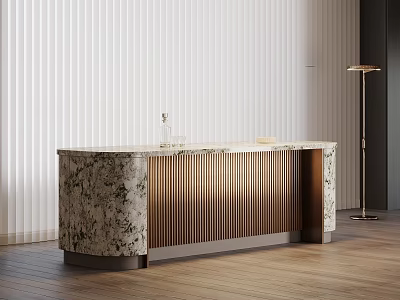 Modern Bar Counter With Marble Surface Wooden Frame Vertical Blinds And Floor Lamp 3d model