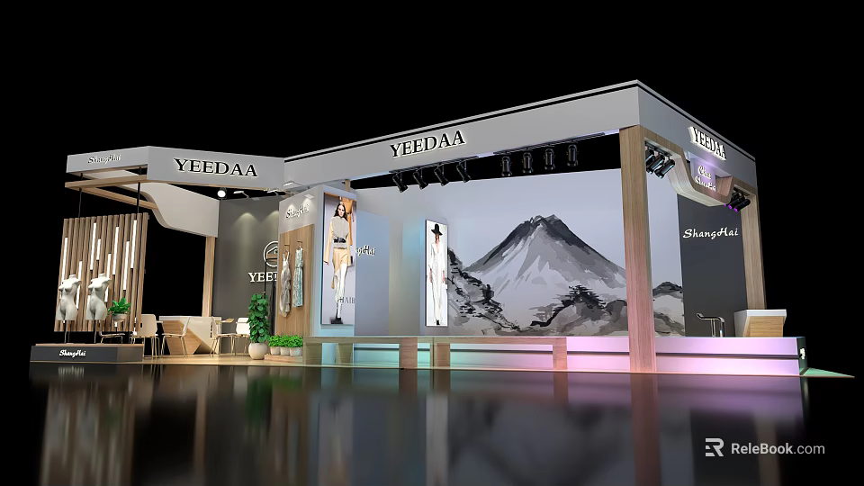 YEEDAA Exhibition Booth Design With Mountain Painting And Mannequin 3d model 