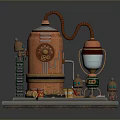 Vintage Copper Distiller Model With Ladder Small Cans And Mechanical Parts On Platform