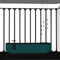 Modern Reception Desk With Teal Countertop Vertical Striped Backdrop And Hanging Pendant Lights