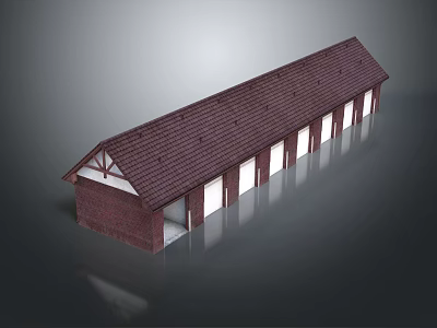 Red Brick Warehouse Building With Brown Roof And Multiple White Garage Doors 3d model