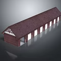 Red Brick Warehouse Building With Brown Roof And Multiple White Garage Doors