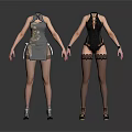 Two Women in Fashionable Outfits with Gray Dress Black Lingerie Stockings and Heels
