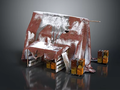 Worn Out Snow Covered Damaged Tent With Torn Fabric And Wooden Crates Against Dark Background 3d model