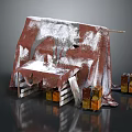 Worn Out Snow Covered Damaged Tent With Torn Fabric And Wooden Crates Against Dark Background