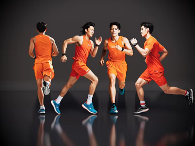 Dynamic Men Running in Orange Sportswear on Gray Reflective Background 3d model