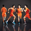 Dynamic Men Running in Orange Sportswear on Gray Reflective Background