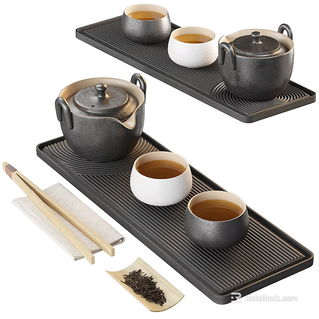 Black Ceramic Tea Set With Teapot Tea Cups Tray Chopsticks And Tea Leaves 3d model 
