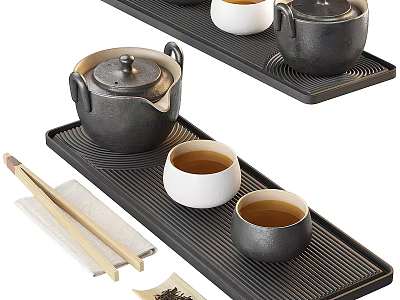 Black Ceramic Tea Set With Teapot Tea Cups Tray Chopsticks And Tea Leaves 3d model