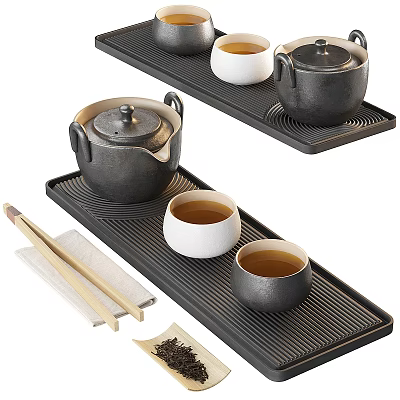 Black Ceramic Tea Set With Teapot Tea Cups Tray Chopsticks And Tea Leaves 3d model