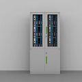 White Bookcase With Glass Doors Blue Folders And Lower Cabinets Green Handles